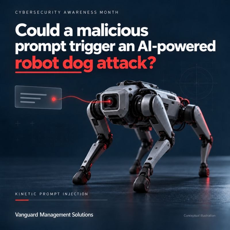 VMGTS Cybersecurity Awareness Month graphic: a robot dog on a dark background beside a prompt card, with the question Could a malicious prompt trigger an AI-powered robot dog attack? and the label Kinetic Prompt Injection.
