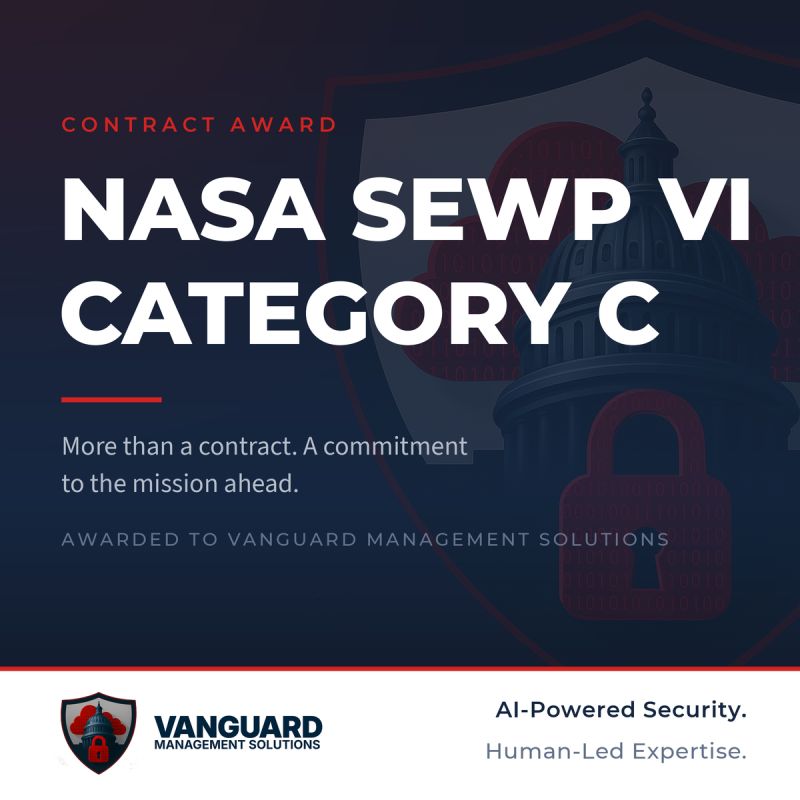 Vanguard contract award artwork reading NASA SEWP VI Category C and More than a contract. A commitment to the mission ahead., with the Vanguard shield and logo.