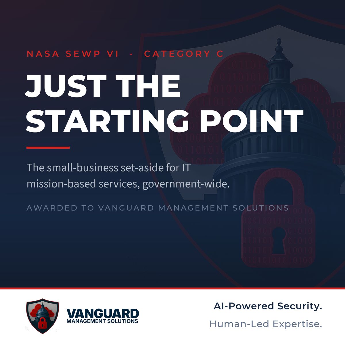 Vanguard NASA SEWP VI Category C announcement reading Just the starting point, with the Vanguard shield and company logo.