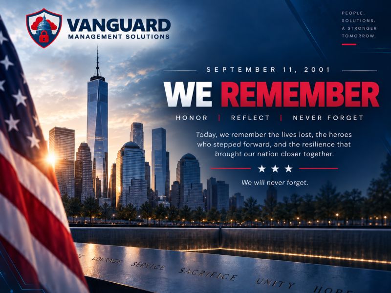 VMGTS September 11 remembrance artwork with One World Trade Center, the American flag, and the words We Remember: Honor, Reflect, Never Forget.