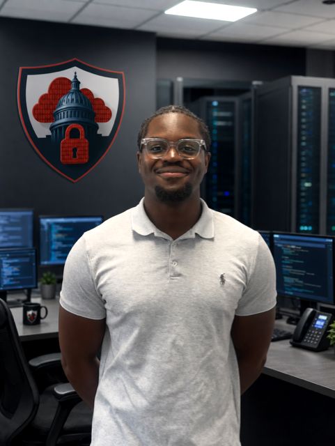 Ohene Kumi standing in front of computer workstations and server racks, with the Vanguard shield on the wall.